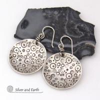 Sterling Silver Circle Earrings with Unique Hand Stamped Texture - Artisan Handcrafted Bold Artsy Modern Silver Jewelry