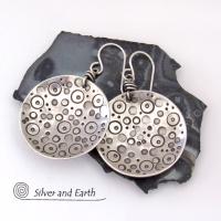 Sterling Silver Circle Earrings with Unique Hand Stamped Texture - Artisan Handcrafted Bold Artsy Modern Silver Jewelry