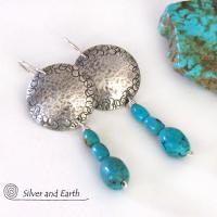 Round Sterling Silver Earrings with Dangling Turquoise Stones - Artisan Handcrafted Southwest Style Jewelry