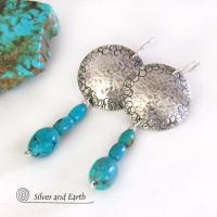 Round Sterling Silver Earrings with Dangling Turquoise Stones - Artisan Handcrafted Southwest Style Jewelry