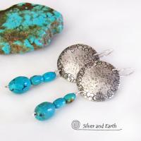 Round Sterling Silver Earrings with Dangling Turquoise Stones - Artisan Handcrafted Southwest Style Jewelry