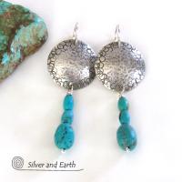 Round Sterling Silver Earrings with Dangling Turquoise Stones - Artisan Handcrafted Southwest Style Jewelry