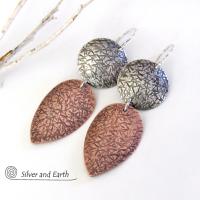 Textured Sterling Silver & Copper Mixed Metal Earrings - Contemporary Modern Jewelry