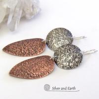 Textured Sterling Silver & Copper Mixed Metal Earrings - Contemporary Modern Jewelry