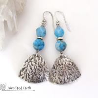 Textured Sterling Silver Earrings with Blue Apatite Gemstones -  Artisan Handcrafted Modern Sterling & Stone Jewelry