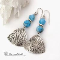 Textured Sterling Silver Earrings with Blue Apatite Gemstones -  Artisan Handcrafted Modern Sterling & Stone Jewelry