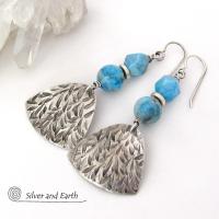 Textured Sterling Silver Earrings with Blue Apatite Gemstones -  Artisan Handcrafted Modern Sterling & Stone Jewelry