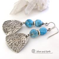 Textured Sterling Silver Earrings with Blue Apatite Gemstones -  Artisan Handcrafted Modern Sterling & Stone Jewelry