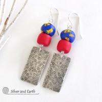 Boho Tribal Sterling Silver Earrings with Colorful African Glass Beads 