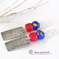 Boho Tribal Sterling Silver Earrings with Colorful African Glass Beads 