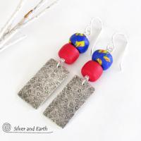 Boho Tribal Sterling Silver Earrings with Colorful African Glass Beads 