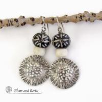 Textured Sterling Silver Earrings with African Carved Black Bone Beads - Bold Ethnic Tribal Style Jewelry
