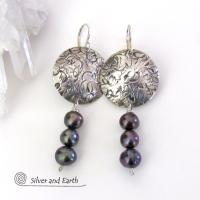 Classic Modern Sterling Silver Earrings with Dangling Peacock Blue Freshwater Pearls