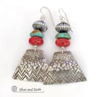 Sterling Silver Earrings with Turquoise and Red Coral - Modern Southwest Jewelry