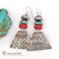 Sterling Silver Earrings with Turquoise and Red Coral - Modern Southwest Jewelry