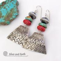 Sterling Silver Earrings with Turquoise and Red Coral - Modern Southwest Jewelry