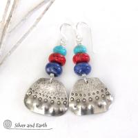Sterling Silver Earrings with Turquoise, Red Coral & Sodalite - Artisan Handcrafted Boho Tribal Jewelry