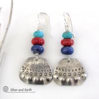 Sterling Silver Earrings with Turquoise, Red Coral & Sodalite - Artisan Handcrafted Boho Tribal Jewelry