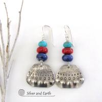 Sterling Silver Earrings with Turquoise, Red Coral & Sodalite - Artisan Handcrafted Boho Tribal Jewelry