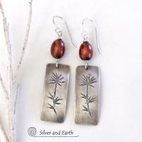 Sterling Silver Nature Earrings with Bronze Pearls and Flower Pattern