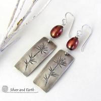 Sterling Silver Nature Earrings with Bronze Pearls and Flower Pattern