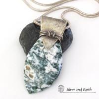 Green Tree Jasper Sterling Silver Necklace - Unique Natural Stone Jewelry