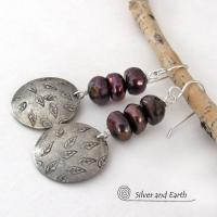 Sterling Silver Earrings with Hand Stamped Leaves & Dark Bronze Pearls - Earthy Nature Jewelry 