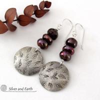 Sterling Silver Earrings with Hand Stamped Leaves & Dark Bronze Pearls - Earthy Nature Jewelry 