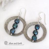 Sterling Silver Hoop Earrings with Faceted Blue Freshwater Pearls - Dressy Elegant Modern Silver Jewelry