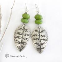 Sterling Silver Leaf Earrings with Green Serpentine Stones - Earthy Modern Nature Jewelry