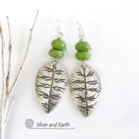 Sterling Silver Leaf Earrings with Green Serpentine Stones - Earthy Modern Nature Jewelry