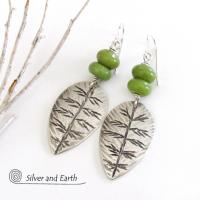 Sterling Silver Leaf Earrings with Green Serpentine Stones - Earthy Modern Nature Jewelry