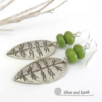 Sterling Silver Leaf Earrings with Green Serpentine Stones - Earthy Modern Nature Jewelry