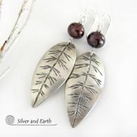 Sterling Silver Leaf Earrings with Bronze Pearls - Earthy Nature Jewelry