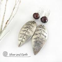 Sterling Silver Leaf Earrings with Bronze Pearls - Earthy Nature Jewelry