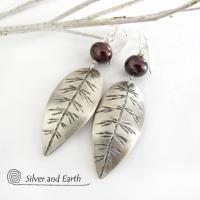 Sterling Silver Leaf Earrings with Bronze Pearls - Earthy Nature Jewelry