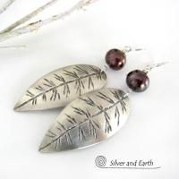 Sterling Silver Leaf Earrings with Bronze Pearls - Earthy Nature Jewelry