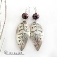 Sterling Silver Leaf Earrings with Bronze Pearls - Earthy Nature Jewelry