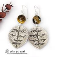 Sterling Silver Leaf Earrings with Brown Tiger's Eye Stones - Earthy Nature Jewelry