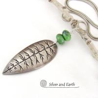 Sterling Silver Leaf Necklace with Green Serpentine Stones - Nature Inspired Jewelry