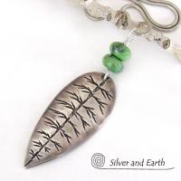 Sterling Silver Leaf Necklace with Green Serpentine Stones - Nature Inspired Jewelry