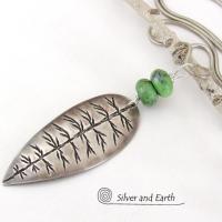 Sterling Silver Leaf Necklace with Green Serpentine Stones - Nature Inspired Jewelry