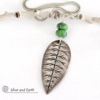 Sterling Silver Leaf Necklace with Green Serpentine Stones - Nature Inspired Jewelry