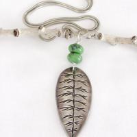 Sterling Silver Leaf Necklace with Green Serpentine Stones - Nature Inspired Jewelry