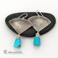 Textured Sterling Silver Earrings with American Sleeping Beauty Turquoise Stone Dangles