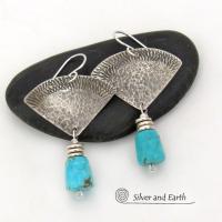 Textured Sterling Silver Earrings with American Sleeping Beauty Turquoise Stone Dangles