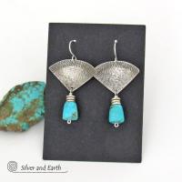 Textured Sterling Silver Earrings with American Sleeping Beauty Turquoise Stone Dangles