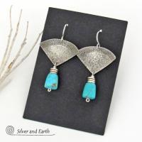 Textured Sterling Silver Earrings with American Sleeping Beauty Turquoise Stone Dangles