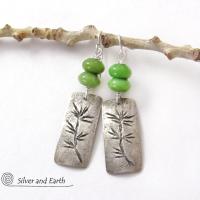 Sterling Silver Earrings with Twig Design & Green Serpentine Stones - Earthy Nature Jewelry