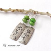 Sterling Silver Earrings with Twig Design & Green Serpentine Stones - Earthy Nature Jewelry